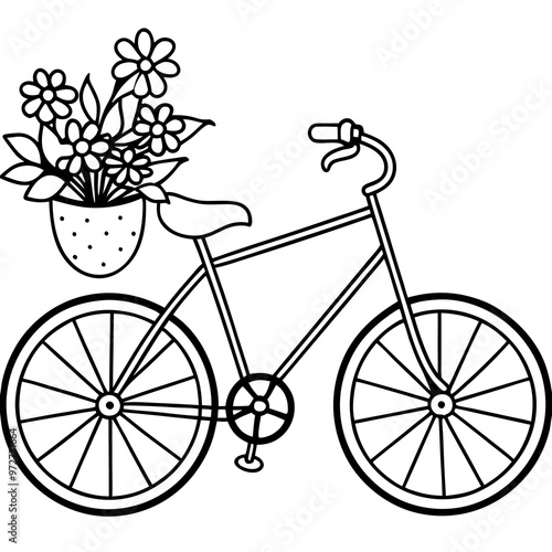 bicycle with flowers outline coloring book page line art drawing photo