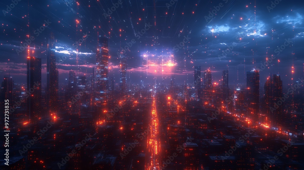 Fototapeta premium Night city panorama with network hologram