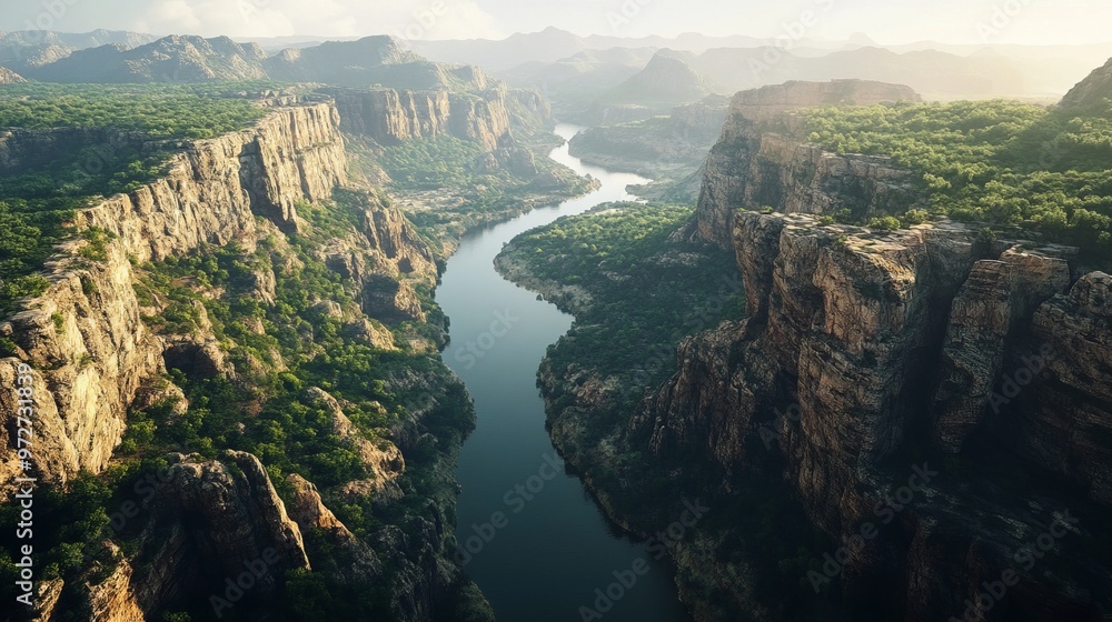Majestic aerial view of a river winding through a deep canyon, with steep rock walls and lush greenery on either side. 4K hyperrealistic photo. Majestic aerial view of a river winding through a deep canyon, with steep rock walls and lush greenery on either side. 4K hyperrealistic photo.