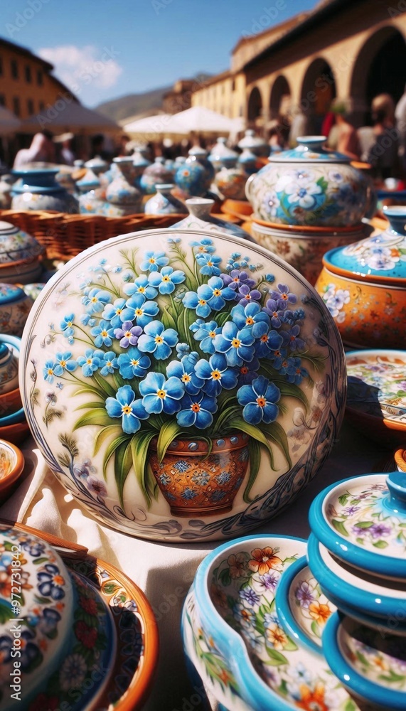 italienische Töpferwaren mit einem Vergissmeinnicht Motiv auf einem Markt in Italien italienische Töpferwaren mit einem Vergissmeinnicht Motiv auf einem Markt in Italien