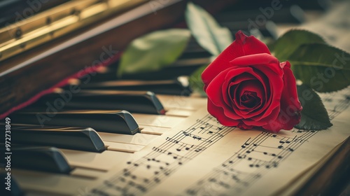 Fototapeta Naklejka Na Ścianę i Meble -  A red rose elegantly placed on piano keys beside sheet music during a tranquil afternoon