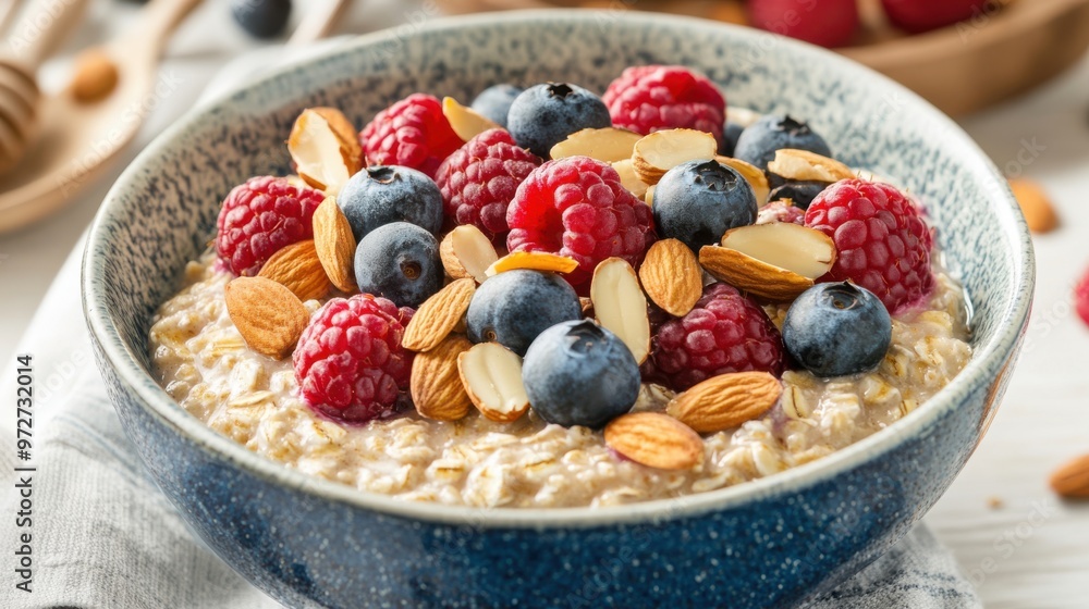A nutritious breakfast bowl featuring oatmeal topped with sliced almonds, fresh berries, A nutritious breakfast bowl featuring oatmeal topped with sliced almonds, fresh berries,
