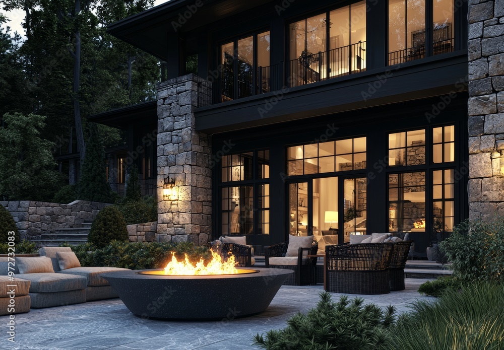 Illustration of a concrete fire pit on a modern outdoor patio Illustration of a concrete fire pit on a modern outdoor patio