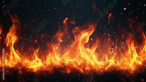 Translucent fire flames and sparks with horizontal repetition on transparent background. For used on dark illustrations.