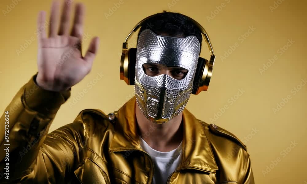 Man in Golden Jacket and Mask with Headphones Man in Golden Jacket and Mask with Headphones