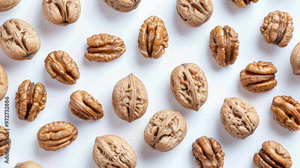 Small nuts on a white background. Texture for background, wallpaper, poster, banner, card. View from above. Small nuts on a white background. Texture for background, wallpaper, poster, banner, card. View from above.
