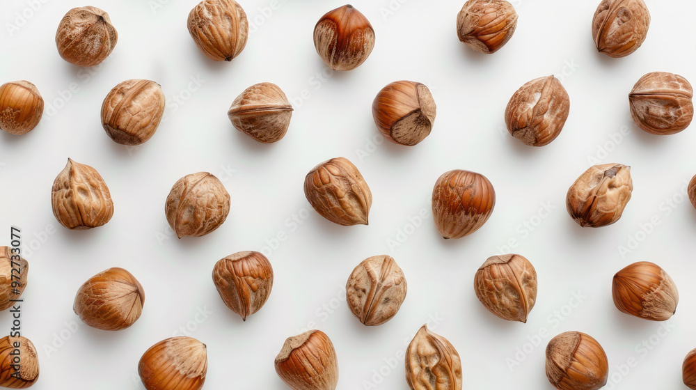 Small nuts on a white background. Texture for background, wallpaper, poster, banner, card. View from above. Small nuts on a white background. Texture for background, wallpaper, poster, banner, card. View from above.