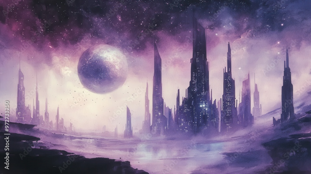 Naklejka premium A sprawling futuristic cityscape under a vibrant cosmic sky with a large celestial body in the distance