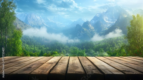 wooden table and grass on the Mountain