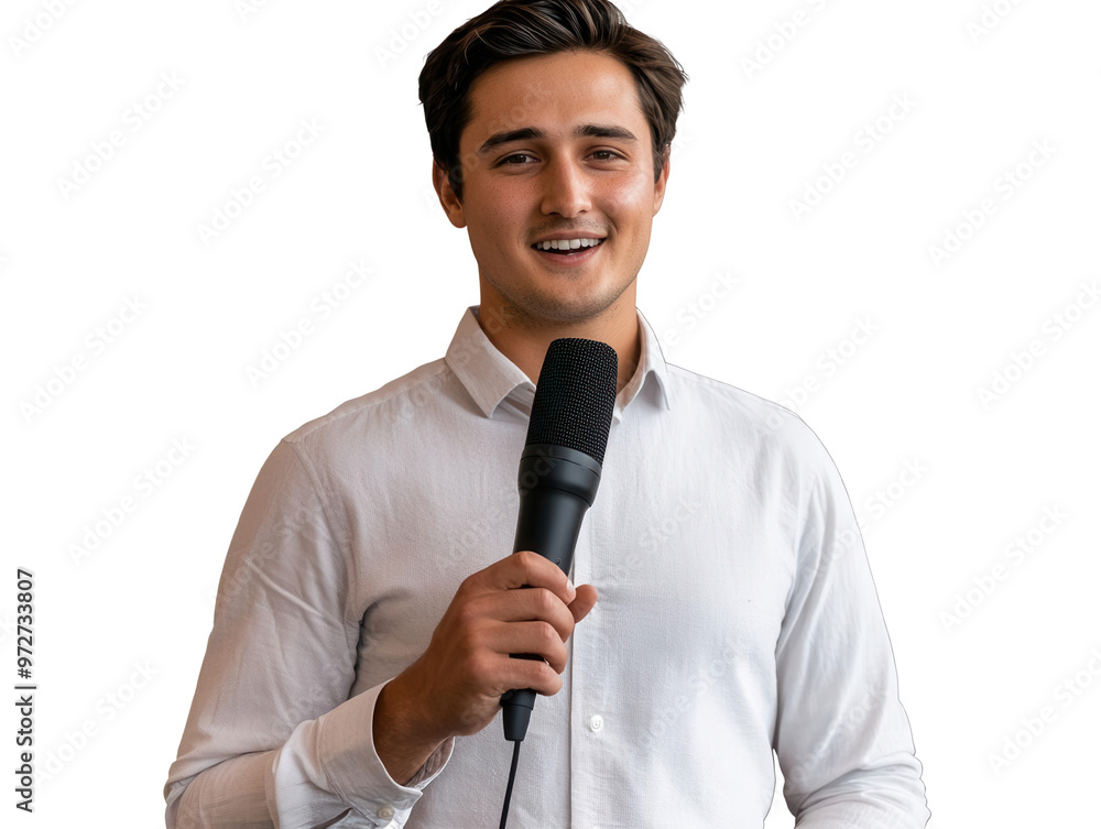 Confident young man holding a microphone, ready to speak or present at an event with a bright smile. Confident young man holding a microphone, ready to speak or present at an event with a bright smile.