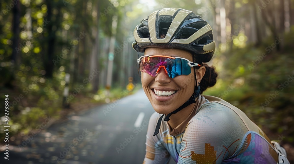 A mountain biker woman effortlessly conquers the rocky terrain of a forested path. A mountain biker woman effortlessly conquers the rocky terrain of a forested path.