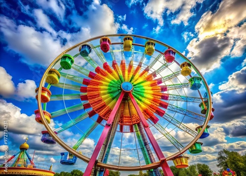 Vibrant colorful spinwheel amusement park attraction spinning rapidly against a bright blue sky with fluffy white photo