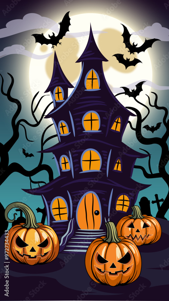 halloween background. Vector illustration with a scary house, carved pumpkins, jack lanterns and bats on the background of a full moon. vertical cartoon style drawing with Halloween atmosphere halloween background. Vector illustration with a scary house, carved pumpkins, jack lanterns and bats on the background of a full moon. vertical cartoon style drawing with Halloween atmosphere