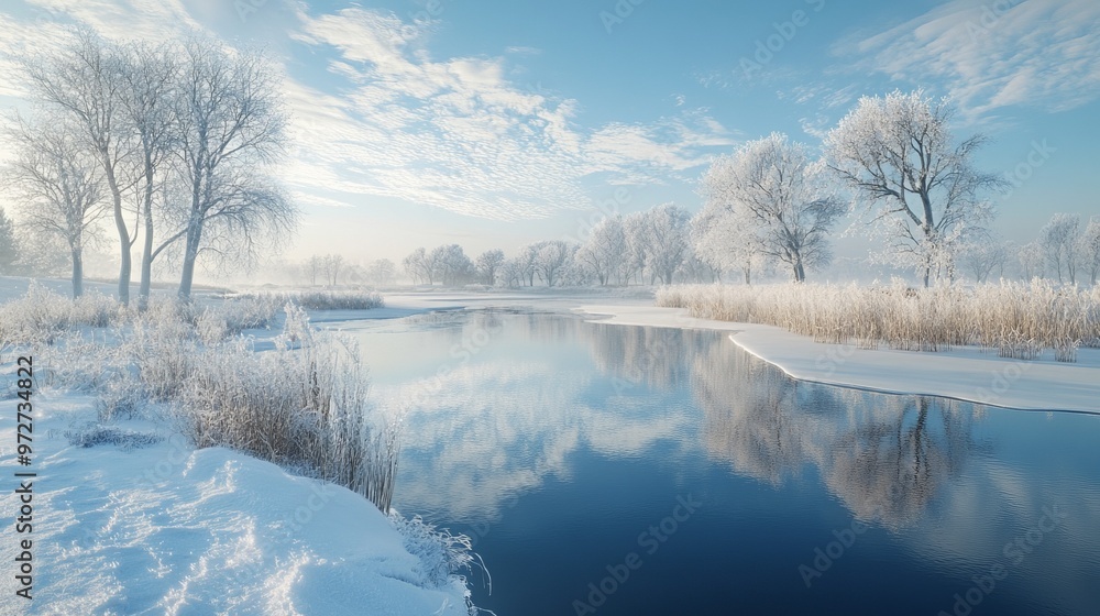 Frozen lakes, where the ice mirrors the sky and the snow softly rests on the surface, offer a quiet and contemplative winter scene. 4K hyperrealistic. Frozen lakes, where the ice mirrors the sky and the snow softly rests on the surface, offer a quiet and contemplative winter scene. 4K hyperrealistic.