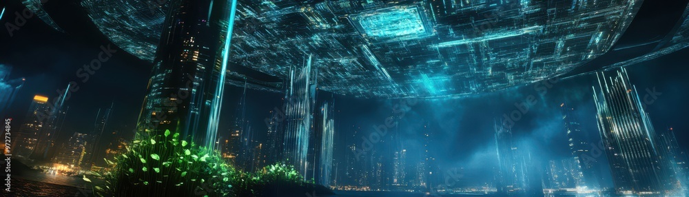 Naklejka premium Futuristic Cityscape with Advanced Technology and Neon Lights Under a Massive Floating Structure at Night
