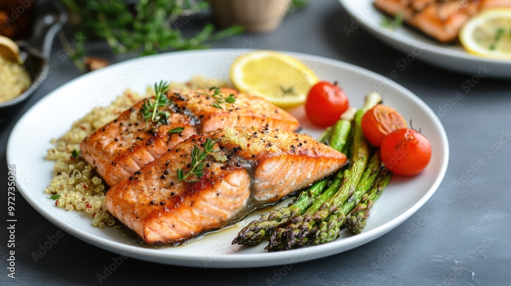 A plate of baked salmon fillets with a side of quinoa and roasted asparagus, beautifully A plate of baked salmon fillets with a side of quinoa and roasted asparagus, beautifully