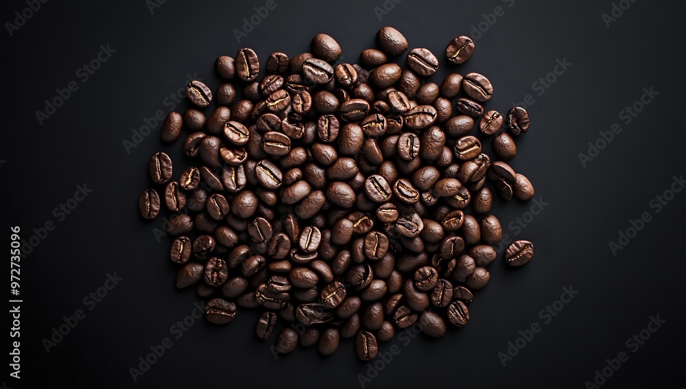 A close-up shot of roasted coffee beans against a black background. A close-up shot of roasted coffee beans against a black background.