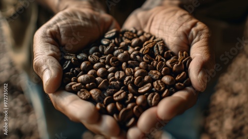  hands holding roasted premium coffee beans