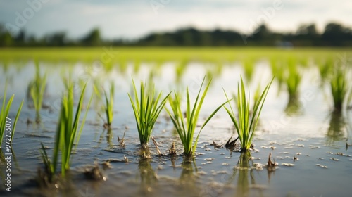 Close-up of rice plants growing in flooded fields. 