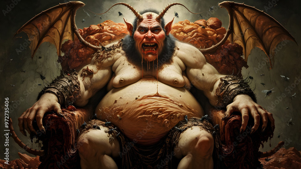 Grotesque Depiction of Beelzebub, the Demon of Gluttony: A Dark Religious Symbolism of Overindulgence, Sin, and Decay in Christian Theology, Reflected in a Biblical Representation of Gluttonous Excess Grotesque Depiction of Beelzebub, the Demon of Gluttony: A Dark Religious Symbolism of Overindulgence, Sin, and Decay in Christian Theology, Reflected in a Biblical Representation of Gluttonous Excess