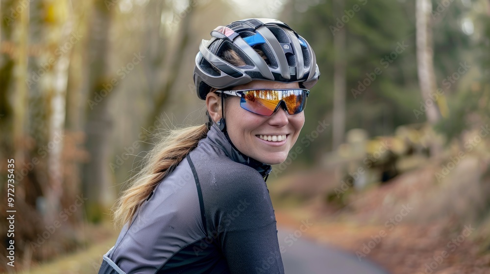 Female cyclist navigating a narrow trail through the woods, mountains visible in the background. Female cyclist navigating a narrow trail through the woods, mountains visible in the background.