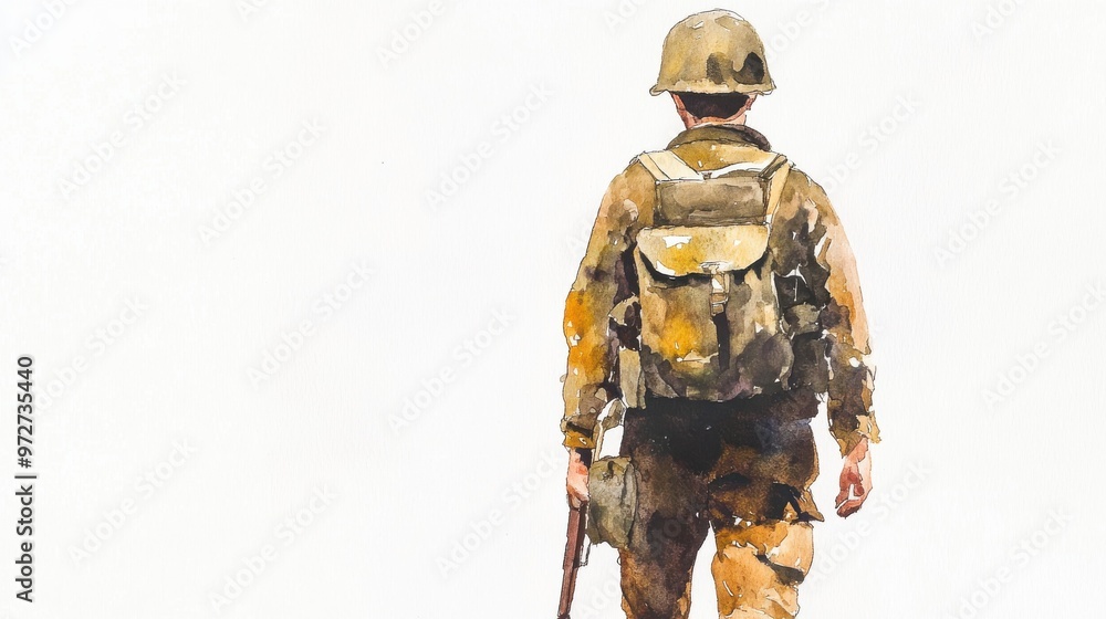 A solitary soldier walks away from a battlefield, head down, in muted colors, evoking a sense of reflection and loss after a conflict A solitary soldier walks away from a battlefield, head down, in muted colors, evoking a sense of reflection and loss after a conflict