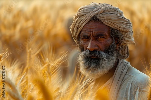 A farmer stands amidst golden wheat fields during the harvest season, capturing the essence of rural life at sunset in a picturesque landscape