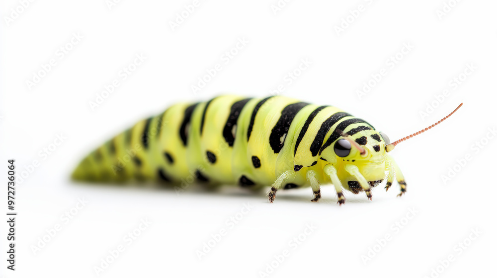 Naklejka premium A bright yellow caterpillar with black stripes and tiny legs crawls on a white background, showcasing its colorful and intricate pattern.