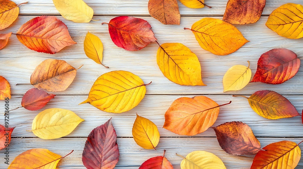 A Colorful Display of Autumn Leaves on Rustic Wooden Planks A Colorful Display of Autumn Leaves on Rustic Wooden Planks