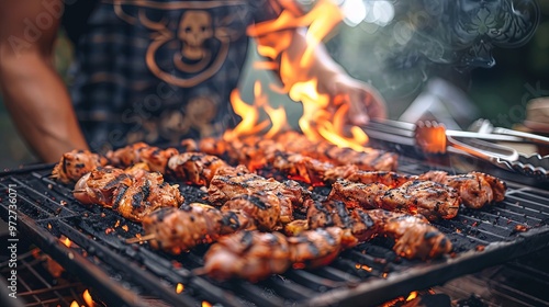 This image showcases succulent and well-seasoned chicken pieces being crisped over the grill flames, handled skillfully by a cook, exuding enticing aromas. photo