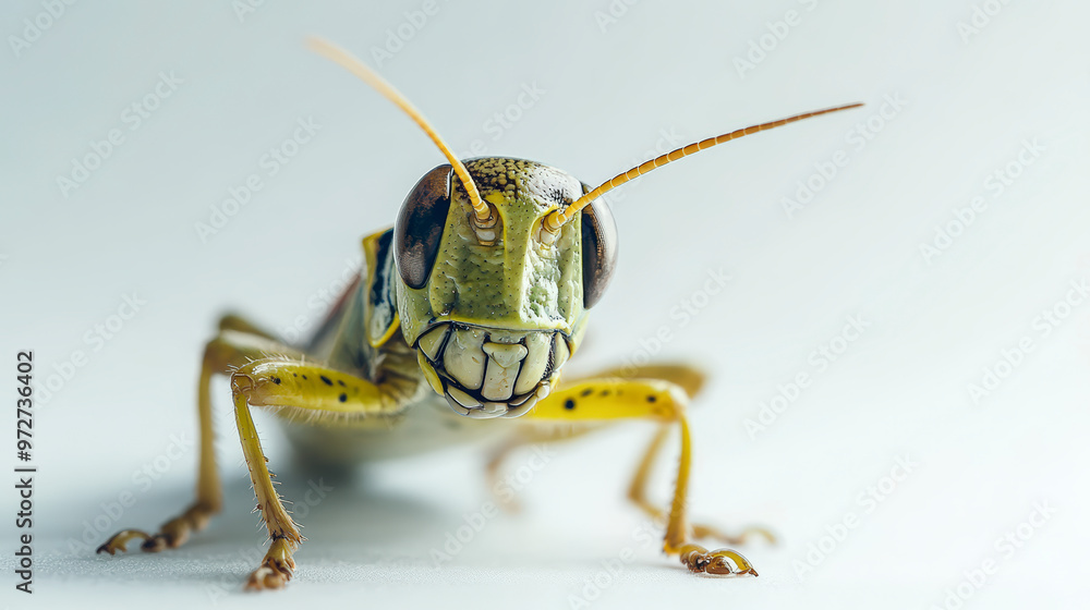 A close-up of a grasshopper with detailed view of its antennas and eyes, highlighting its intricate and delicate features against a simple white background. A close-up of a grasshopper with detailed view of its antennas and eyes, highlighting its intricate and delicate features against a simple white background.