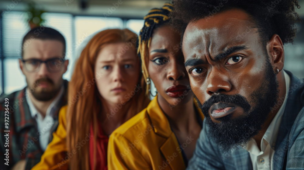 A group of four diverse friends gather in a stylish café, sharing a tense moment of surprise while engaging in a lively discussion A group of four diverse friends gather in a stylish café, sharing a tense moment of surprise while engaging in a lively discussion