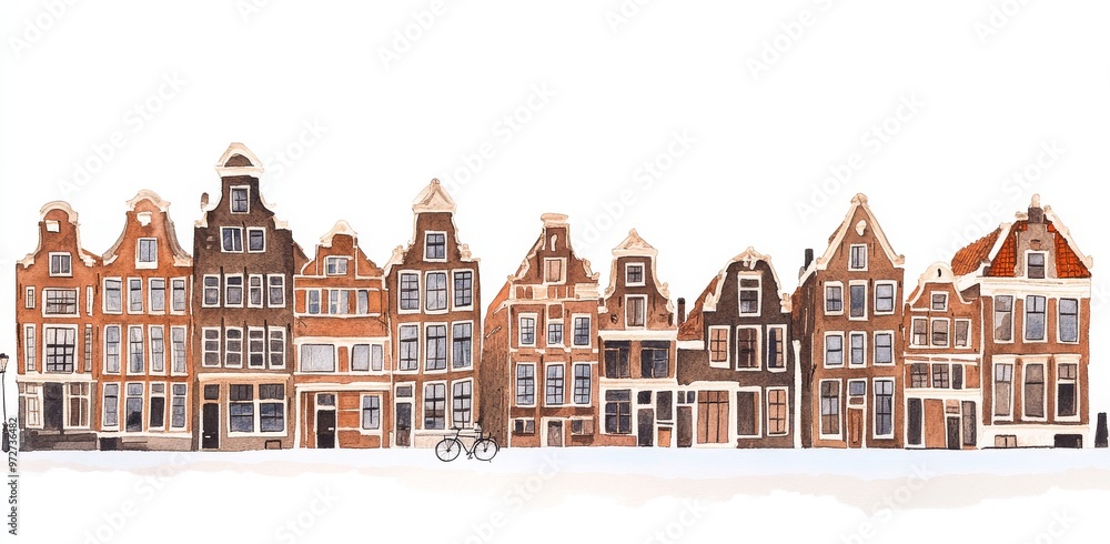 Fototapeta premium This watercolor illustration depicts a street of Scandinavian houses and nordic architecture on a white background