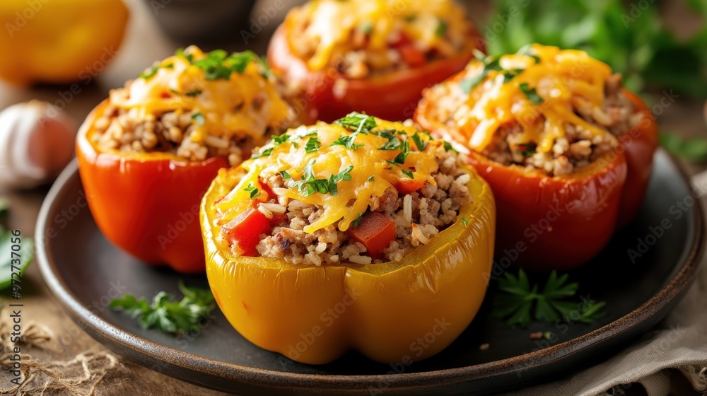 A plate of stuffed bell peppers filled with brown rice, lean ground turkey, and A plate of stuffed bell peppers filled with brown rice, lean ground turkey, and