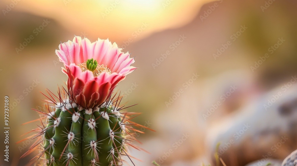 Close-up of cactus with blooming flower, soft natural light, blurred desert background Close-up of cactus with blooming flower, soft natural light, blurred desert background