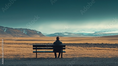 A solitary figure sits on a bench overlooking a vast landscape, contemplating life amid serene surroundings and gentle colors.