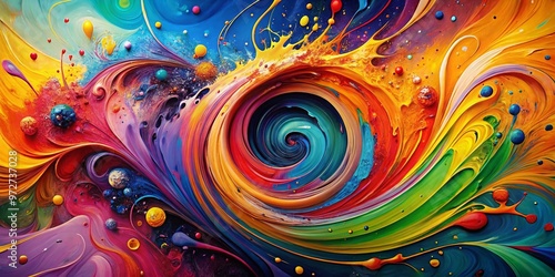 Vibrant colors explode across a white canvas, creating a dynamic and abstract splatter painting with swirling patterns,