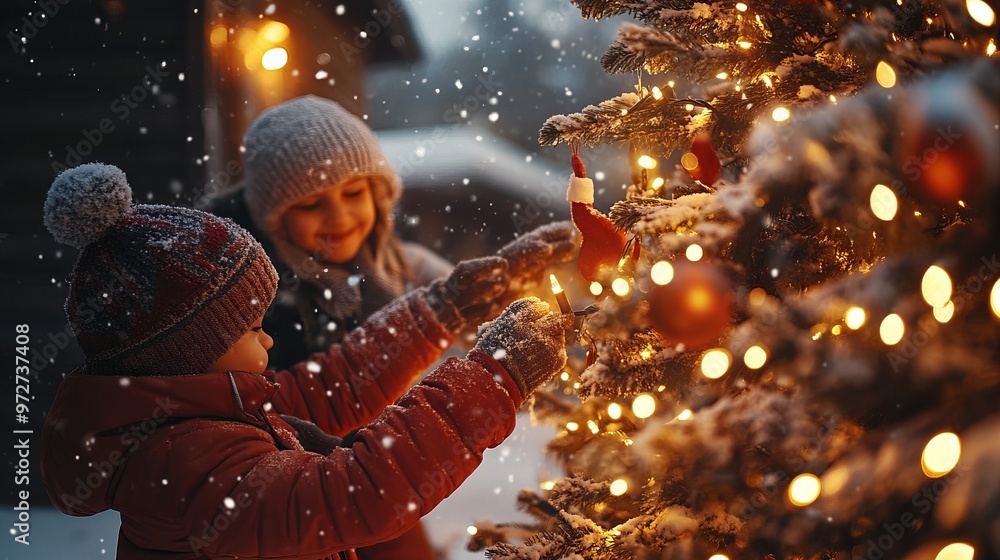 Naklejka premium Family decorating a Christmas tree outside, with snow gently falling and warm lights adding a festive glow. 4K hyperrealistic photo.