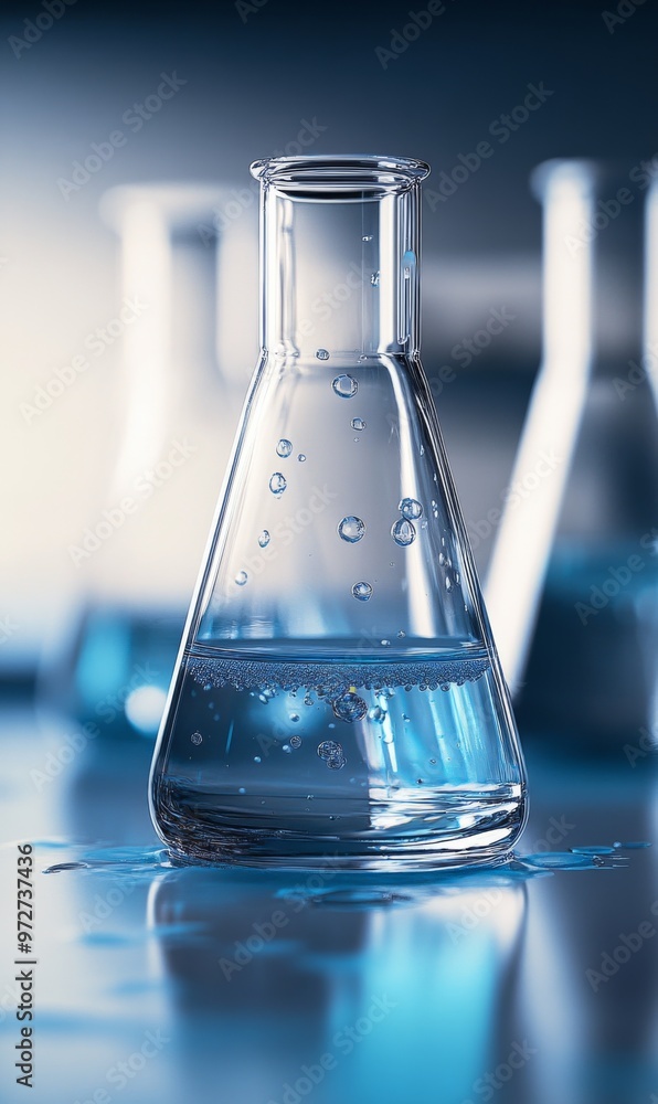 Laboratory glassware filled with clear liquid, reflecting soft shades of blue, placed on a work surface during a scientific experiment Laboratory glassware filled with clear liquid, reflecting soft shades of blue, placed on a work surface during a scientific experiment