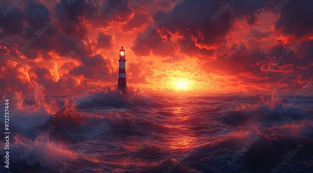 Lighthouse Amidst Tumultuous Waves at Sunset, Symbolizing Hope and Guidance. AI generated illustration Lighthouse Amidst Tumultuous Waves at Sunset, Symbolizing Hope and Guidance. AI generated illustration