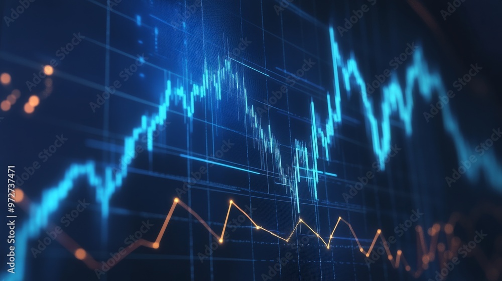 Dynamic stock market graph showcasing fluctuating financial trends and signals in vivid blue and orange against a dark background during trading hours Dynamic stock market graph showcasing fluctuating financial trends and signals in vivid blue and orange against a dark background during trading hours