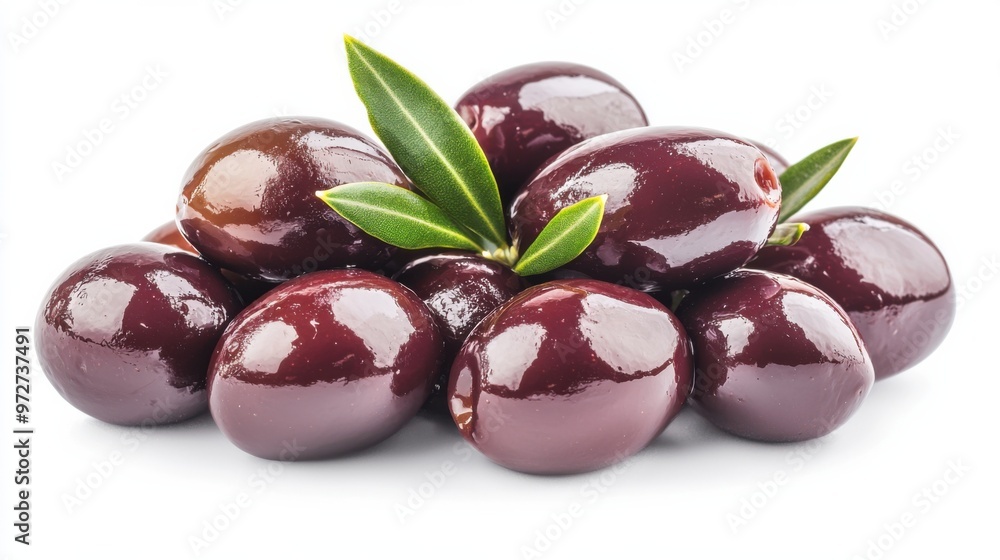 Black olives with leaves isolated on a white background with full depth of field. Black olives with leaves isolated on a white background with full depth of field.