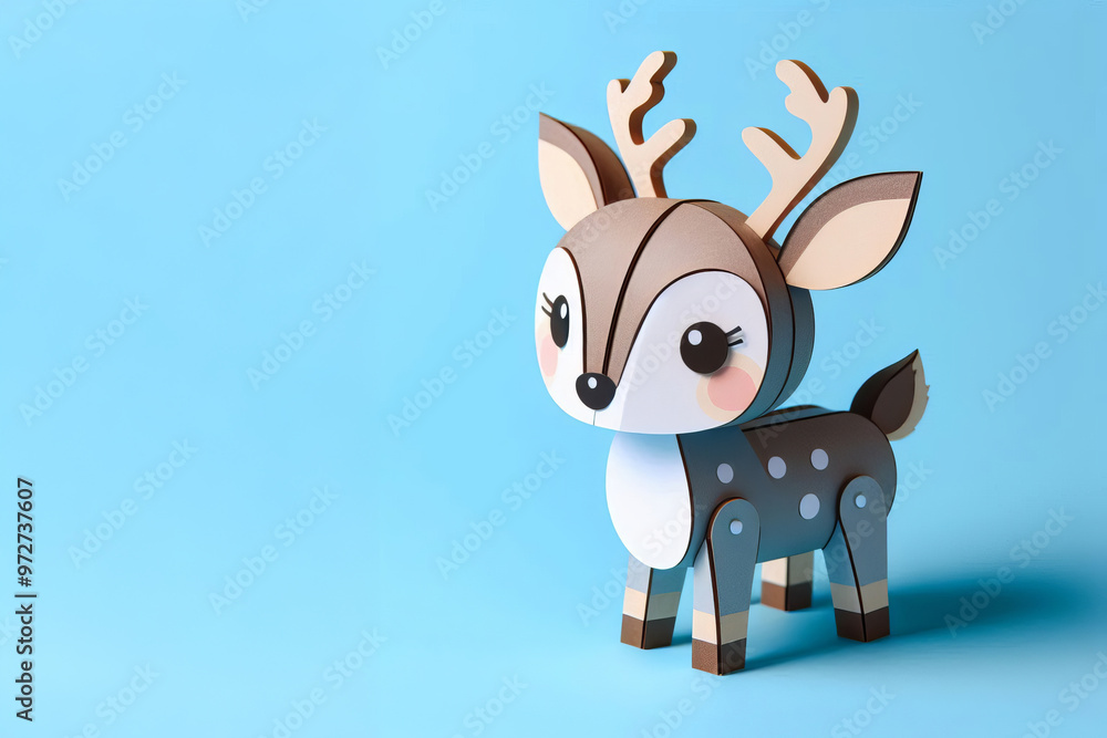Obraz premium Cute paper craft deer on blue background