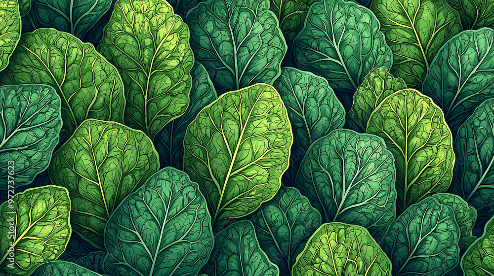Healthy Seamless Pattern of Collard Leaves with Fresh Green Foliage for Kitchen Art Healthy Seamless Pattern of Collard Leaves with Fresh Green Foliage for Kitchen Art