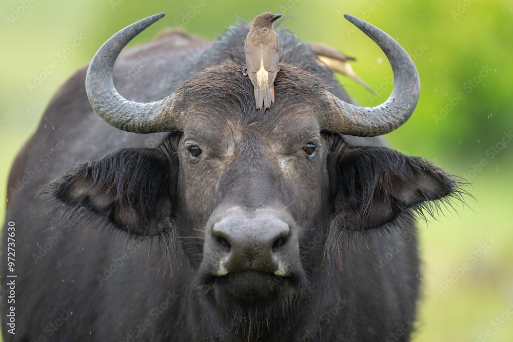 Close-up of bird on Cape buffalo head Close-up of bird on Cape buffalo head