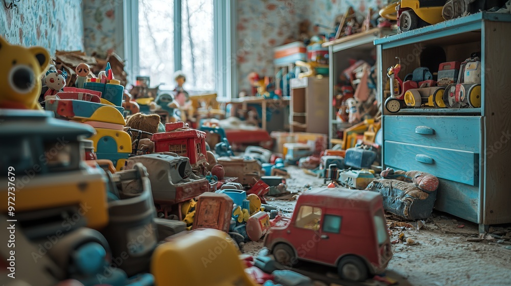 A cluttered room filled with colorful toys, evoking nostalgia and playfulness in a whimsical setting. A cluttered room filled with colorful toys, evoking nostalgia and playfulness in a whimsical setting.