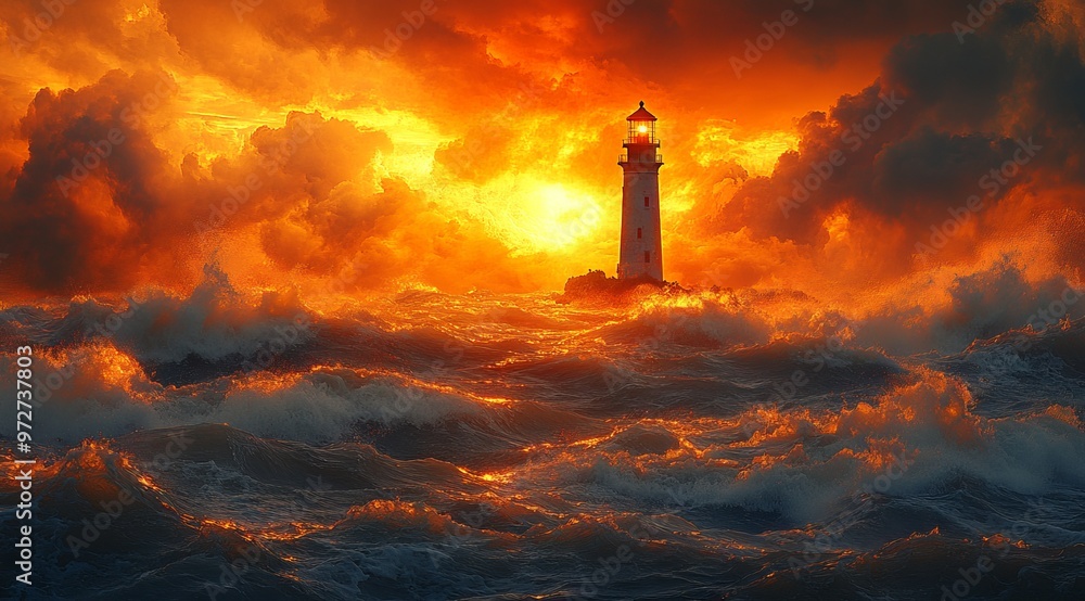 Lighthouse Amidst Tumultuous Waves at Sunset, Symbolizing Hope and Guidance. AI generated illustration Lighthouse Amidst Tumultuous Waves at Sunset, Symbolizing Hope and Guidance. AI generated illustration