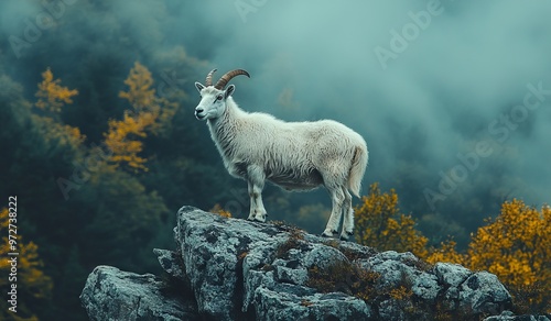 Mountain Goat on Rocks with Foggy Background, Cinematic Documentary-Style Photography. AI generated illustration