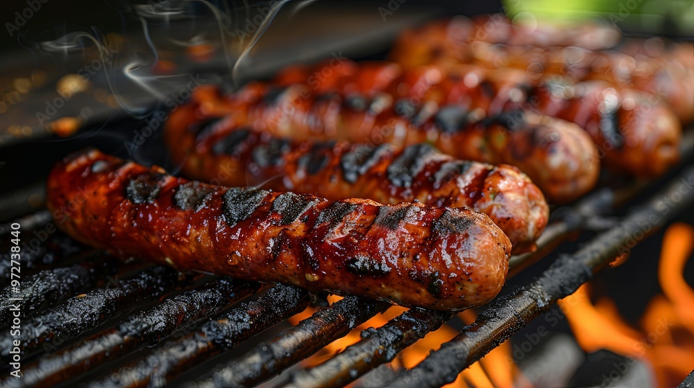 Several sausages are being grilled, showcasing delicious char marks and releasing aromatic smoke over an open flame, perfect for a summer barbecue setting. Several sausages are being grilled, showcasing delicious char marks and releasing aromatic smoke over an open flame, perfect for a summer barbecue setting.