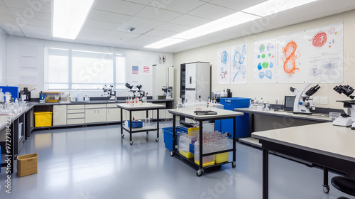 Empty Science Lab with Equipment and Educational Diagrams, for School Learning and STEM Concepts.